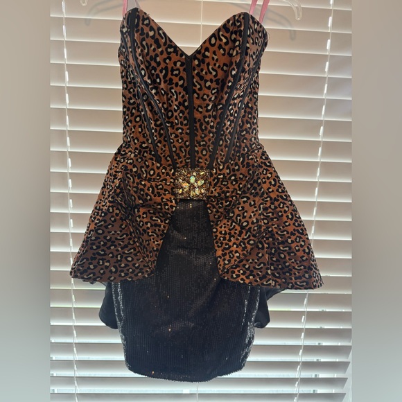 Leopard Print Strapless Homecoming Prom Cocktail Dress with black sequin skirt - Picture 1 of 7